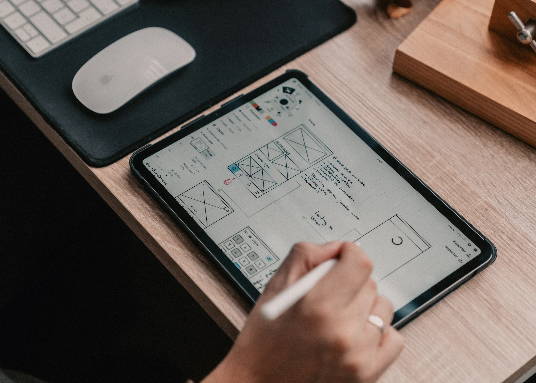 Image of a person designing a wireframe on an iPad device.